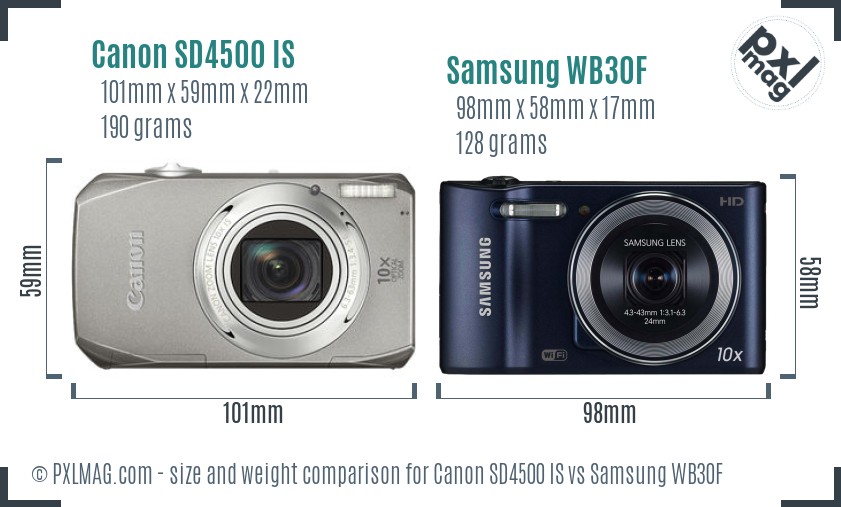Canon SD4500 IS vs Samsung WB30F size comparison