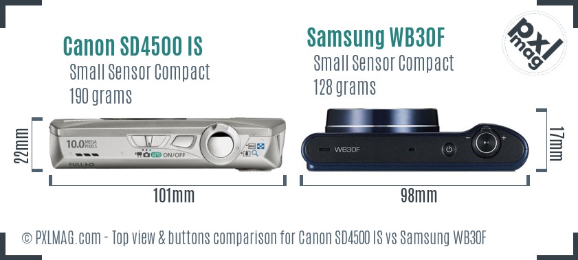 Canon SD4500 IS vs Samsung WB30F top view buttons comparison