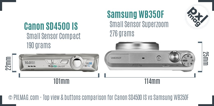 Canon SD4500 IS vs Samsung WB350F top view buttons comparison