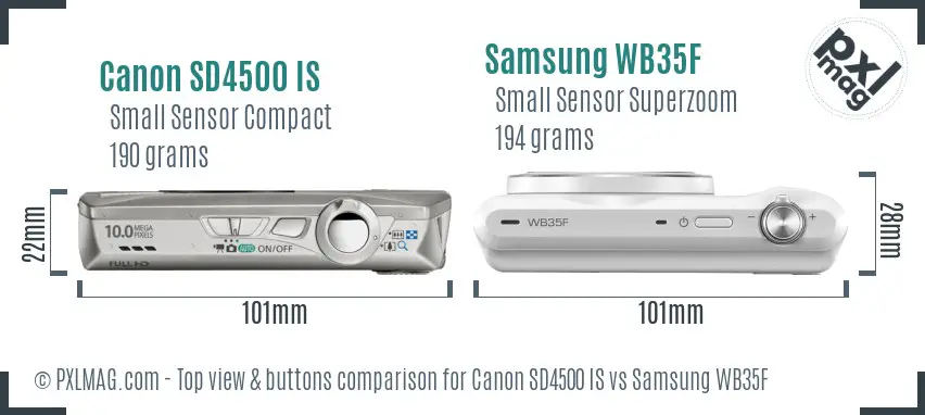 Canon SD4500 IS vs Samsung WB35F top view buttons comparison Canon SD4500 IS vs Samsung WB35F top view buttons comparison
