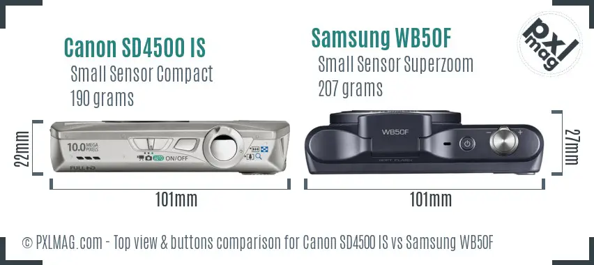 Canon SD4500 IS vs Samsung WB50F top view buttons comparison