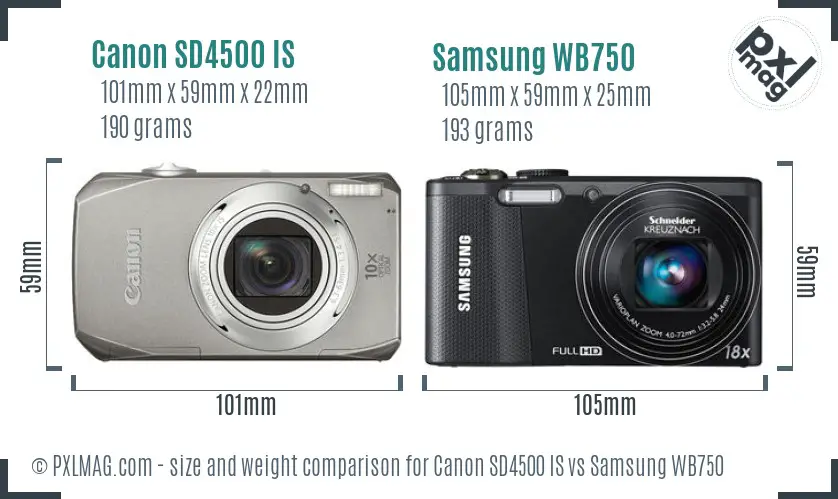 Canon SD4500 IS vs Samsung WB750 size comparison Canon SD4500 IS vs Samsung WB750 size comparison