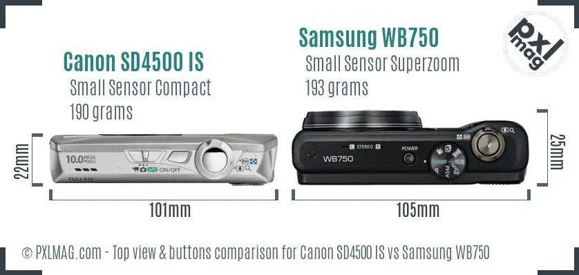 Canon SD4500 IS vs Samsung WB750 top view buttons comparison Canon SD4500 IS vs Samsung WB750 top view buttons comparison