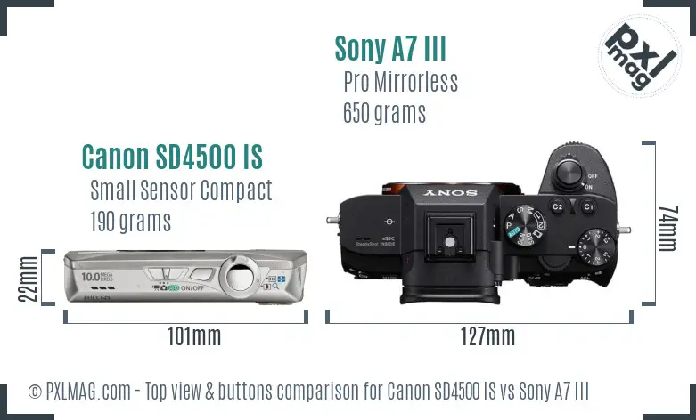 Canon SD4500 IS vs Sony A7 III top view buttons comparison