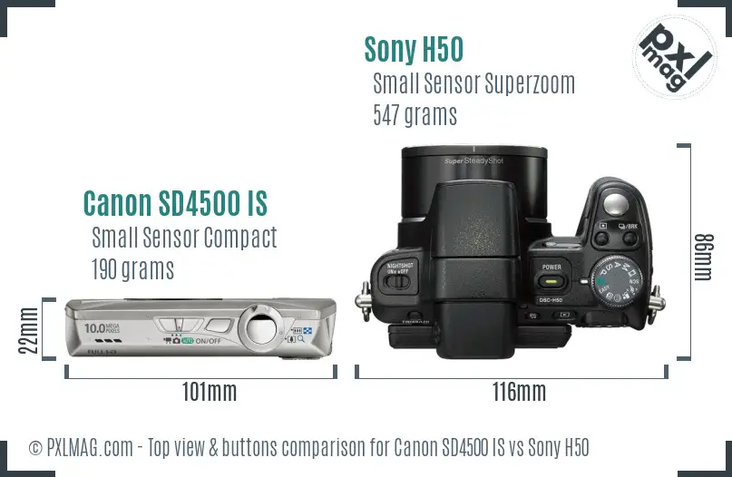 Canon SD4500 IS vs Sony H50 top view buttons comparison