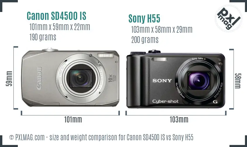 Canon SD4500 IS vs Sony H55 size comparison