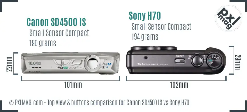 Canon SD4500 IS vs Sony H70 top view buttons comparison