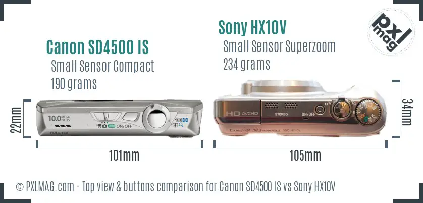 Canon SD4500 IS vs Sony HX10V top view buttons comparison