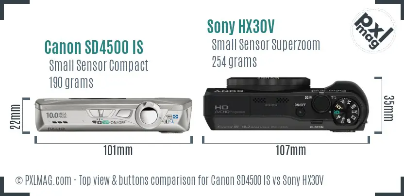 Canon SD4500 IS vs Sony HX30V top view buttons comparison