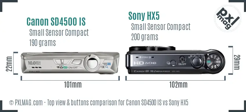 Canon SD4500 IS vs Sony HX5 top view buttons comparison