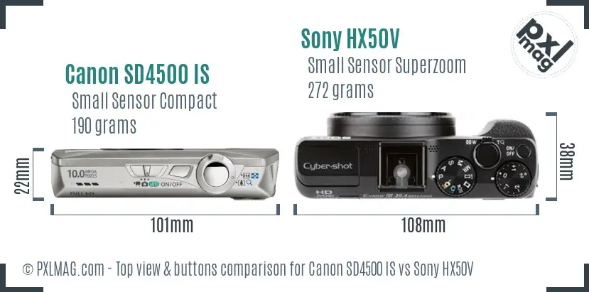 Canon SD4500 IS vs Sony HX50V top view buttons comparison