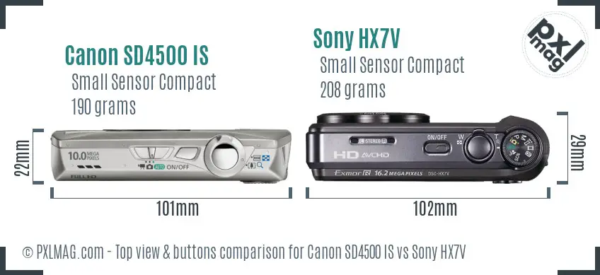 Canon SD4500 IS vs Sony HX7V top view buttons comparison Canon SD4500 IS vs Sony HX7V top view buttons comparison