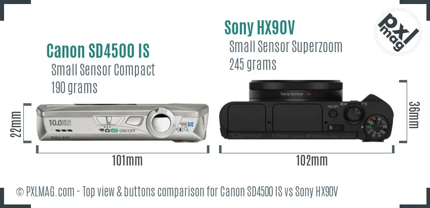 Canon SD4500 IS vs Sony HX90V top view buttons comparison