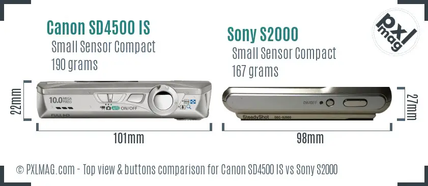 Canon SD4500 IS vs Sony S2000 top view buttons comparison Canon SD4500 IS vs Sony S2000 top view buttons comparison