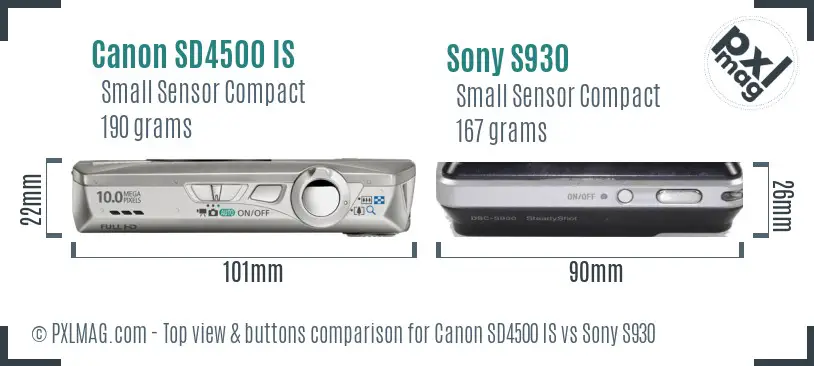 Canon SD4500 IS vs Sony S930 top view buttons comparison
