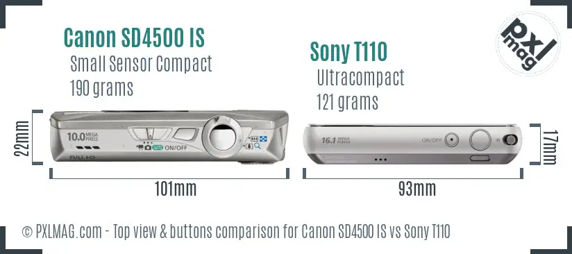 Canon SD4500 IS vs Sony T110 top view buttons comparison