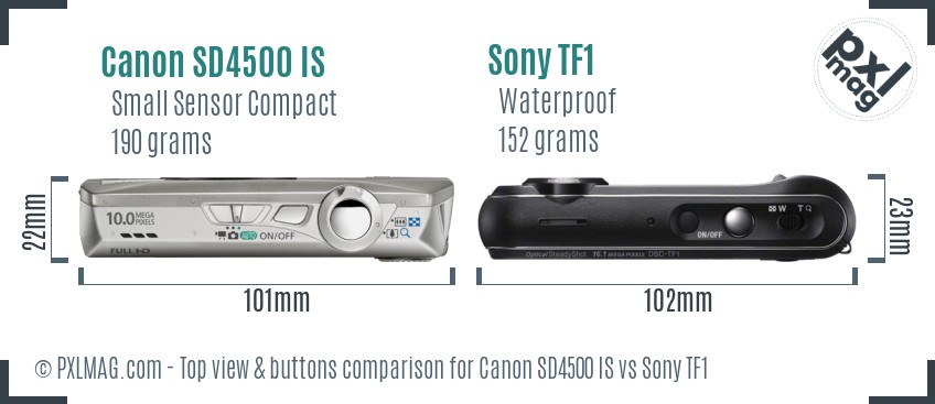 Canon SD4500 IS vs Sony TF1 top view buttons comparison