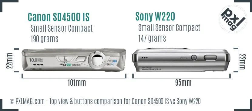 Canon SD4500 IS vs Sony W220 top view buttons comparison