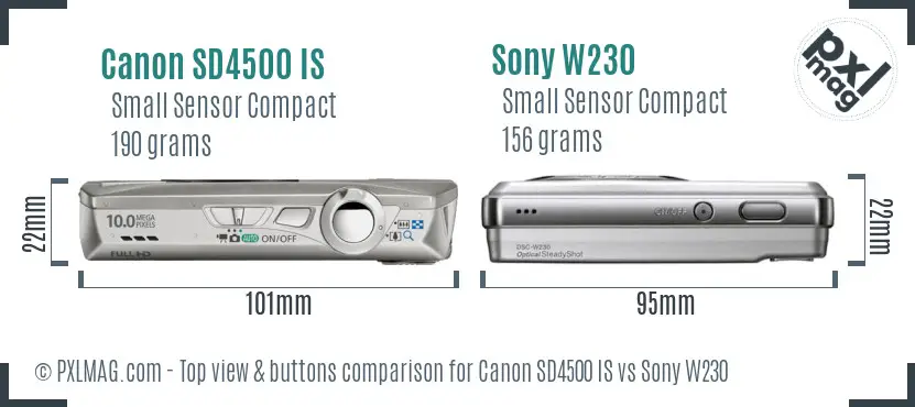 Canon SD4500 IS vs Sony W230 top view buttons comparison Canon SD4500 IS vs Sony W230 top view buttons comparison