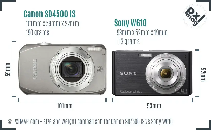 Canon SD4500 IS vs Sony W610 size comparison