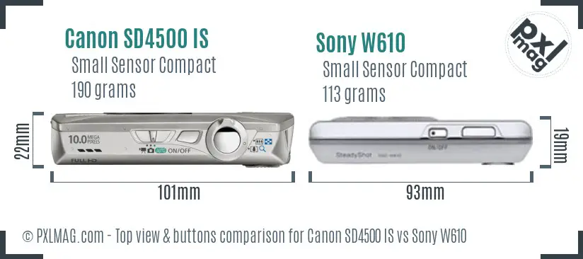 Canon SD4500 IS vs Sony W610 top view buttons comparison