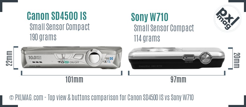 Canon SD4500 IS vs Sony W710 top view buttons comparison