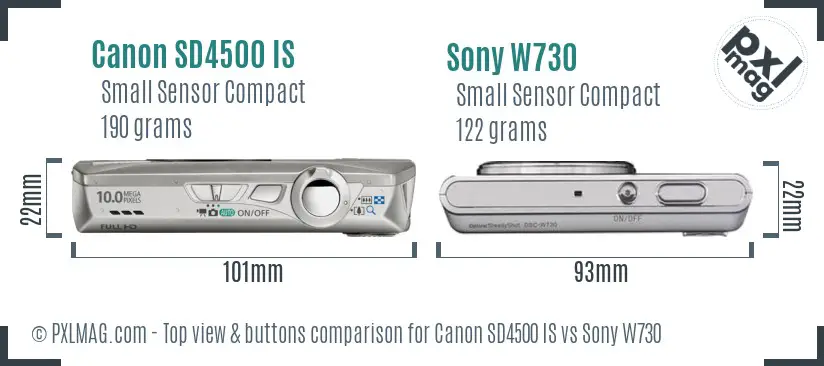 Canon SD4500 IS vs Sony W730 top view buttons comparison Canon SD4500 IS vs Sony W730 top view buttons comparison