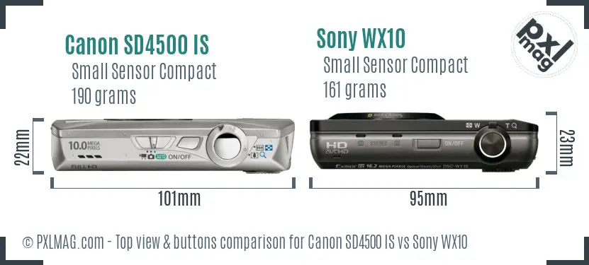 Canon SD4500 IS vs Sony WX10 top view buttons comparison
