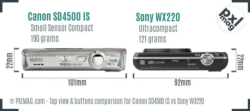 Canon SD4500 IS vs Sony WX220 top view buttons comparison
