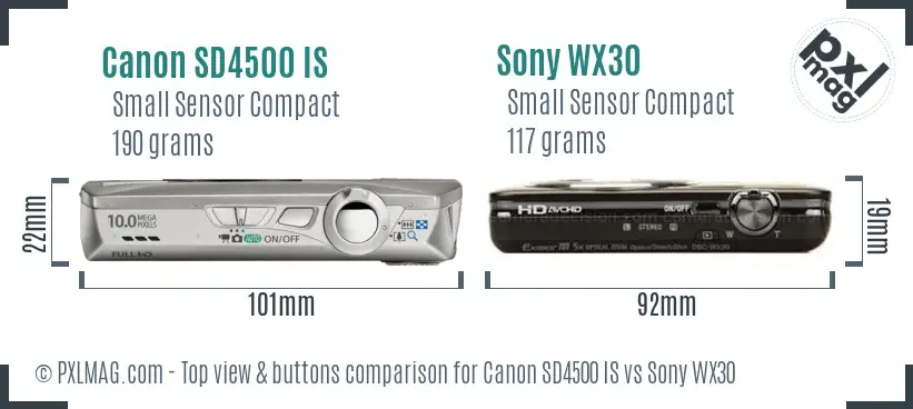 Canon SD4500 IS vs Sony WX30 top view buttons comparison