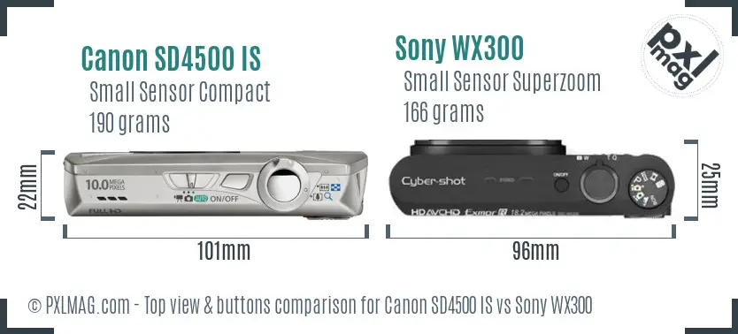 Canon SD4500 IS vs Sony WX300 top view buttons comparison