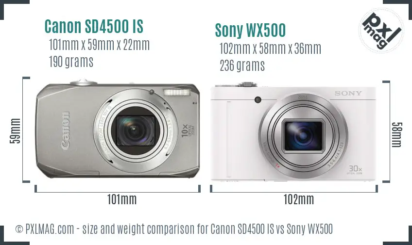 Canon SD4500 IS vs Sony WX500 size comparison Canon SD4500 IS vs Sony WX500 size comparison