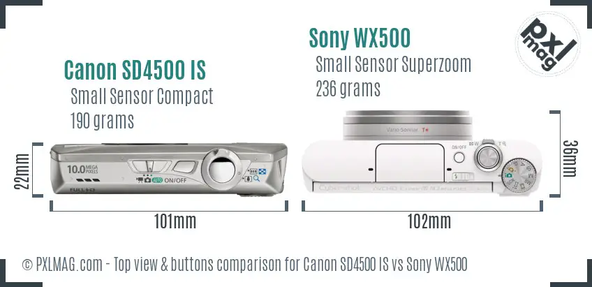 Canon SD4500 IS vs Sony WX500 top view buttons comparison Canon SD4500 IS vs Sony WX500 top view buttons comparison