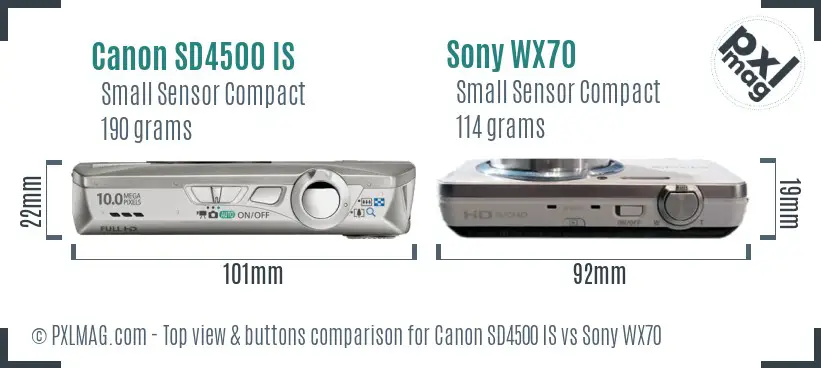 Canon SD4500 IS vs Sony WX70 top view buttons comparison