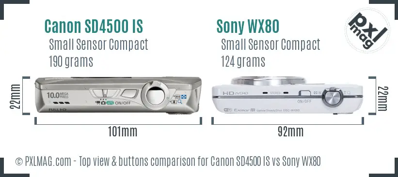 Canon SD4500 IS vs Sony WX80 top view buttons comparison