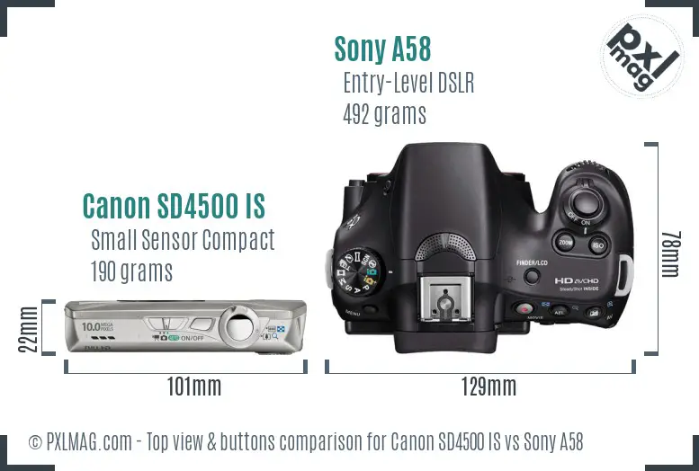 Canon SD4500 IS vs Sony A58 top view buttons comparison