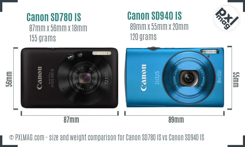 Canon SD780 IS vs Canon SD940 IS size comparison