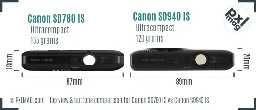 Canon SD780 IS vs Canon SD940 IS top view buttons comparison