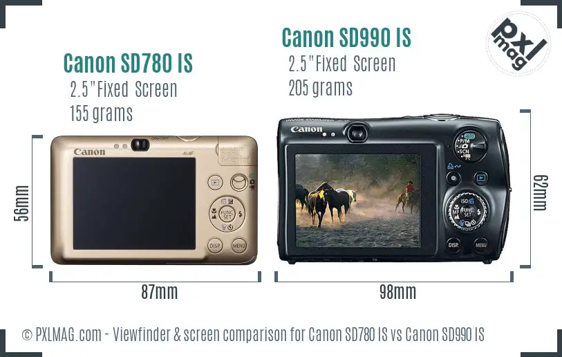 Canon SD780 IS vs Canon SD990 IS Screen and Viewfinder comparison Canon SD780 IS vs Canon SD990 IS Screen and Viewfinder comparison