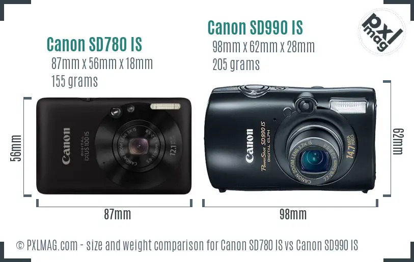 Canon SD780 IS vs Canon SD990 IS size comparison Canon SD780 IS vs Canon SD990 IS size comparison