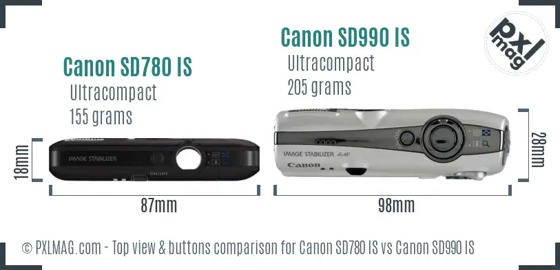 Canon SD780 IS vs Canon SD990 IS top view buttons comparison Canon SD780 IS vs Canon SD990 IS top view buttons comparison