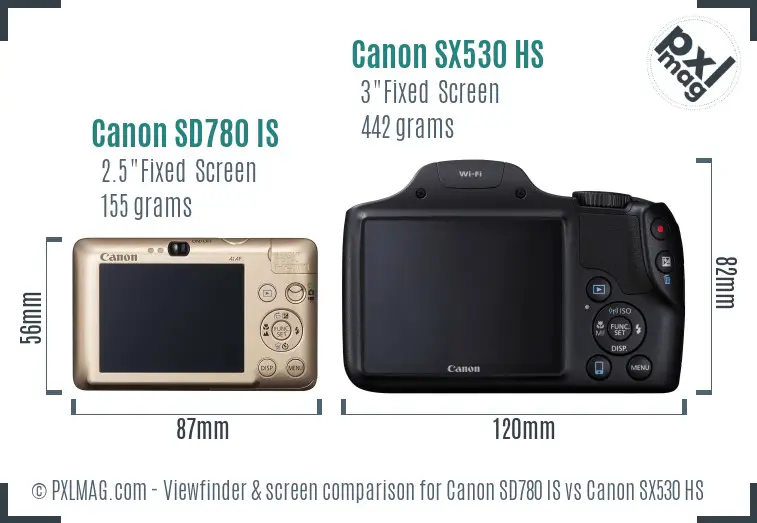 Canon SD780 IS vs Canon SX530 HS Screen and Viewfinder comparison