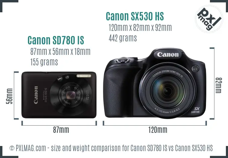 Canon SD780 IS vs Canon SX530 HS size comparison