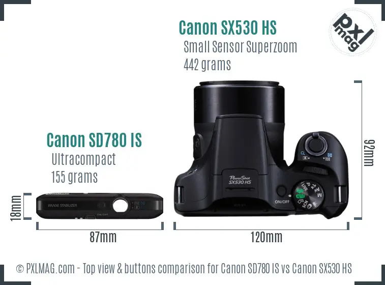 Canon SD780 IS vs Canon SX530 HS top view buttons comparison