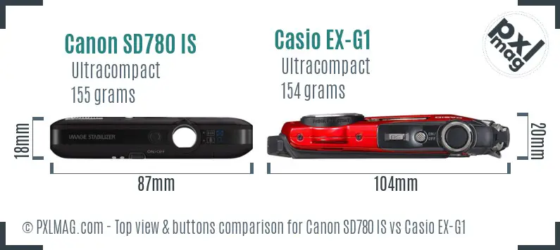 Canon SD780 IS vs Casio EX-G1 top view buttons comparison