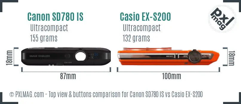 Canon SD780 IS vs Casio EX-S200 top view buttons comparison