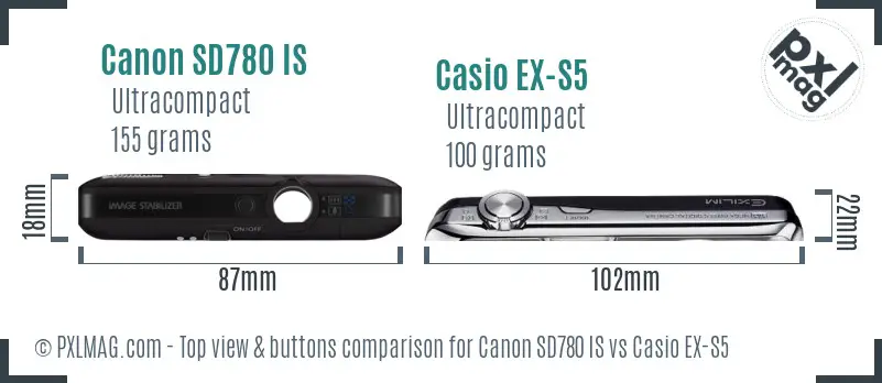 Canon SD780 IS vs Casio EX-S5 top view buttons comparison