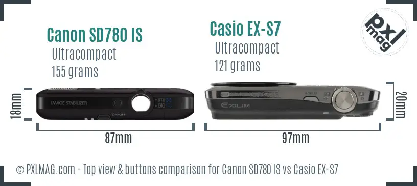 Canon SD780 IS vs Casio EX-S7 top view buttons comparison Canon SD780 IS vs Casio EX-S7 top view buttons comparison
