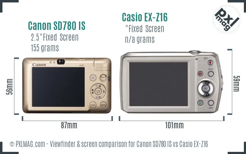 Canon SD780 IS vs Casio EX-Z16 Screen and Viewfinder comparison