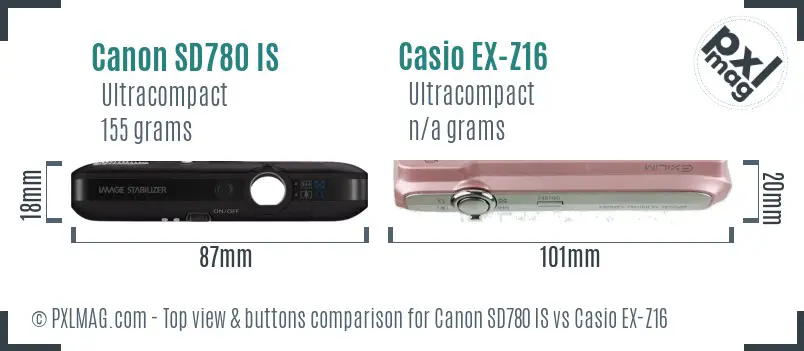 Canon SD780 IS vs Casio EX-Z16 top view buttons comparison